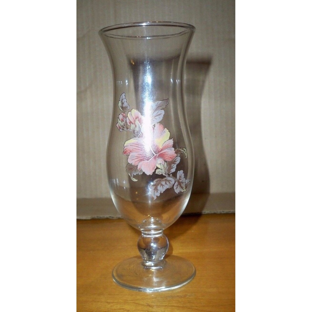 Vintage Glass Footed Vase‎ Floral Decal Gold Trim